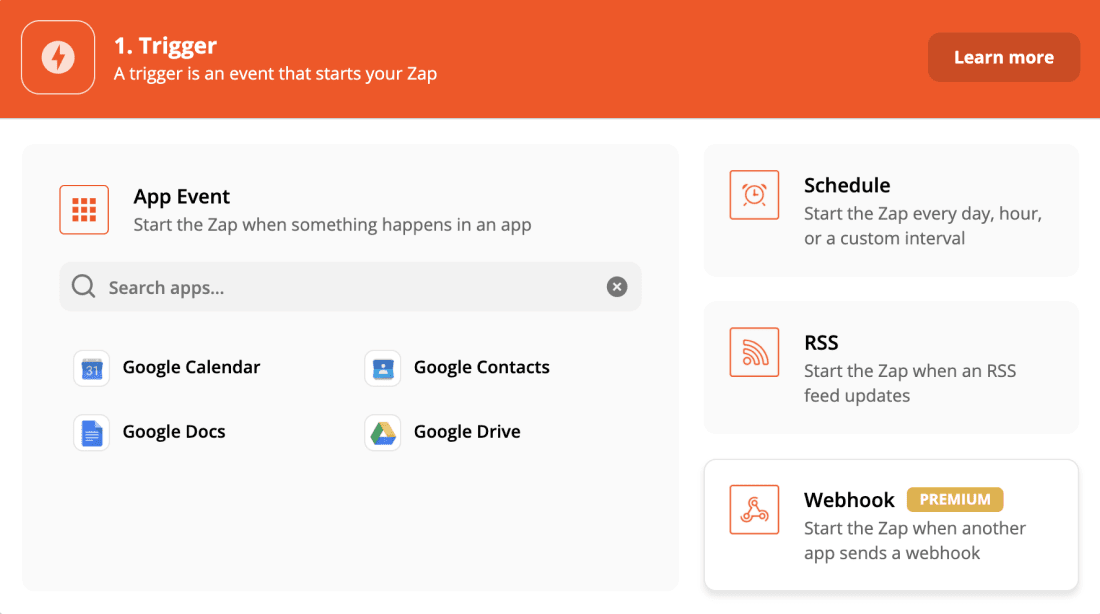 The trigger configuration window in Zapier - the Webhook option is shown on the bottom right.