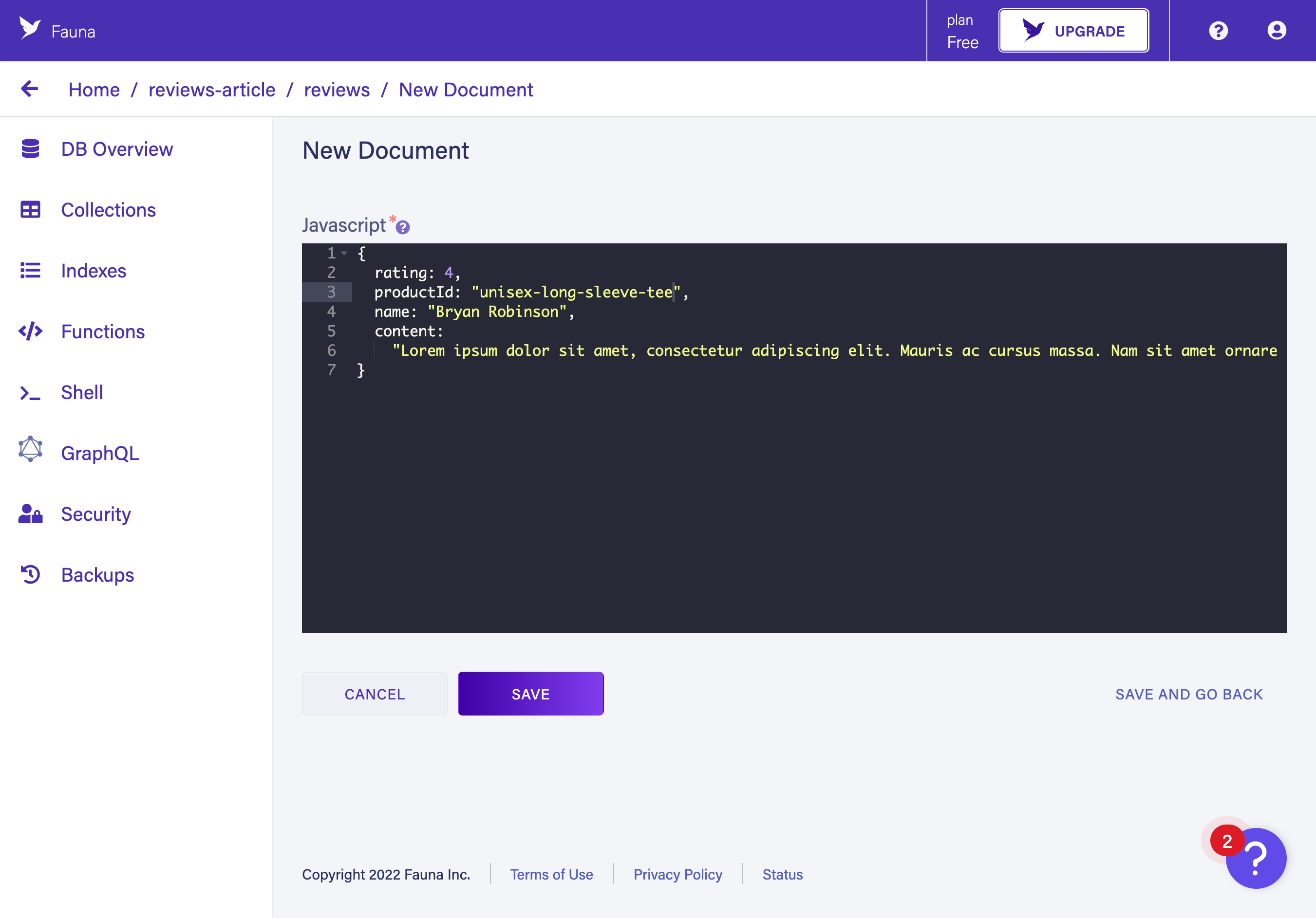 New Document in Fauna collection with the JSON described in the code block below