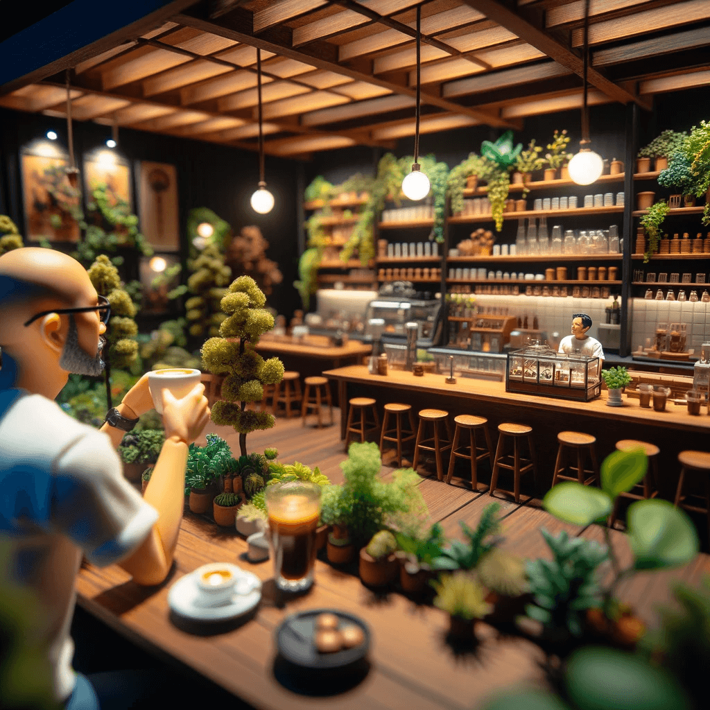 DALL·E 2024-01-15 18.47.44 - A diorama of a cafe similar to the first image, showcasing a broader view of the space. The scene includes a bald Asian man in his mid-30s, wearing gl.png