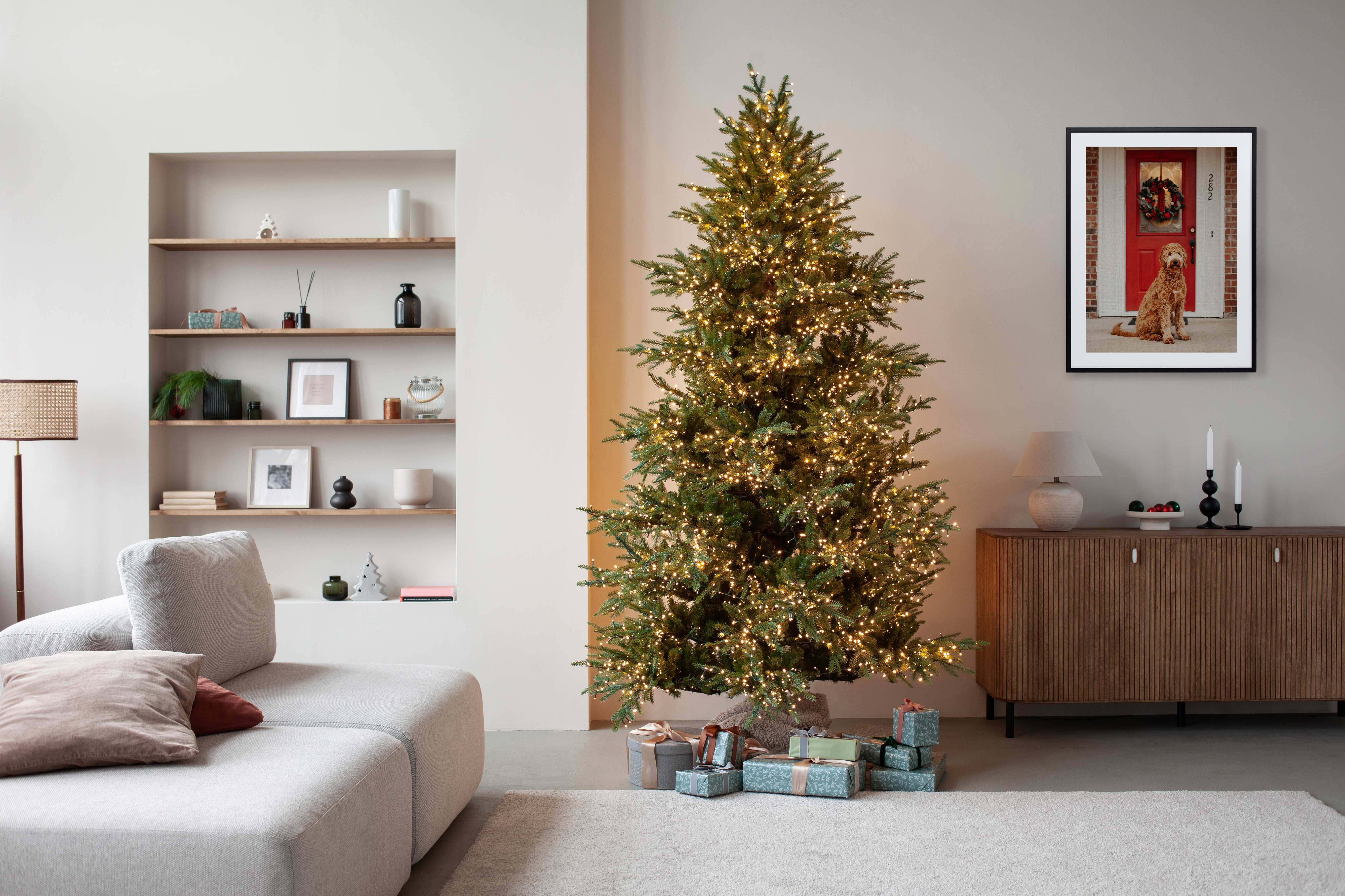 Framed print of dog in living room with Christmas decorations