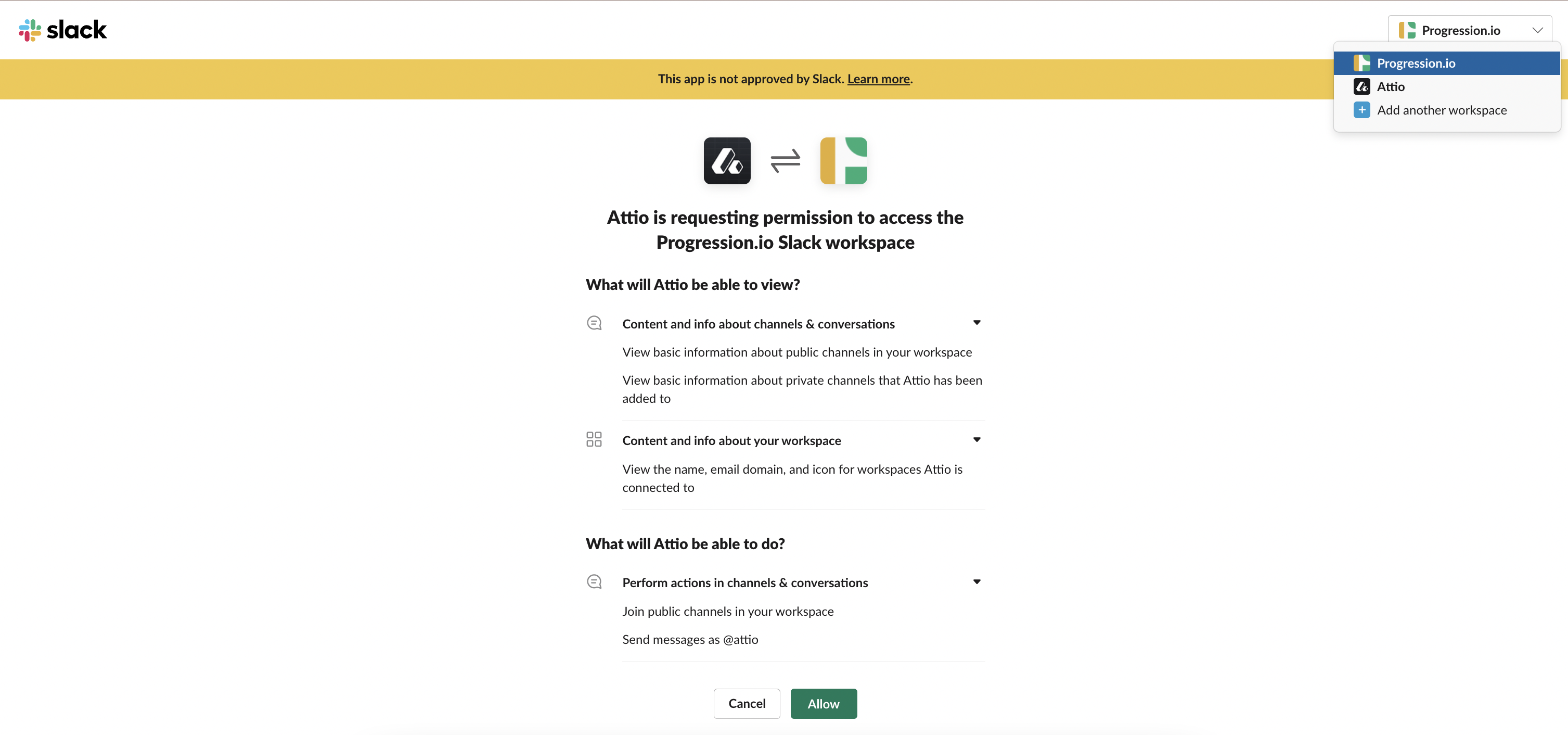 Page showing that Attio is requesting access to a Slack workspace with a dropdown menu in the upper right showing the option to choose a Slack workspace and listing the permissions Attio will be given