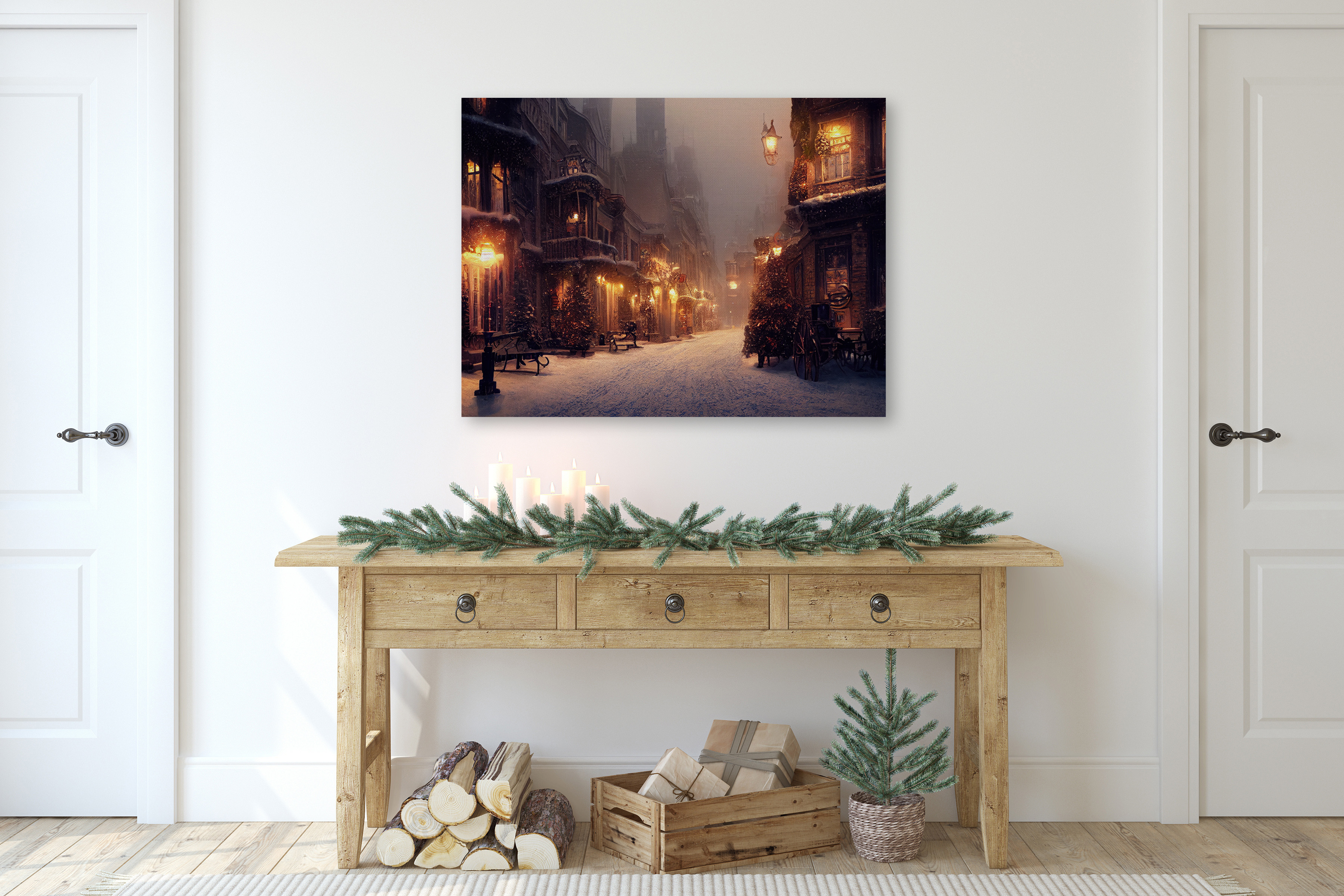 Canvas wall art of snowy town