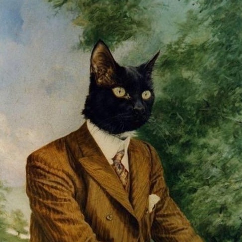 Top half of a person sitting wearing a brown suit with the head of a black cat.