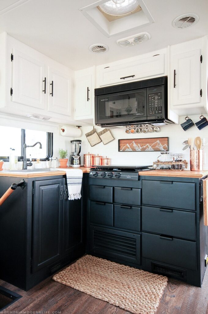 A kitchen post-RV remodel, with two-toned cabinets