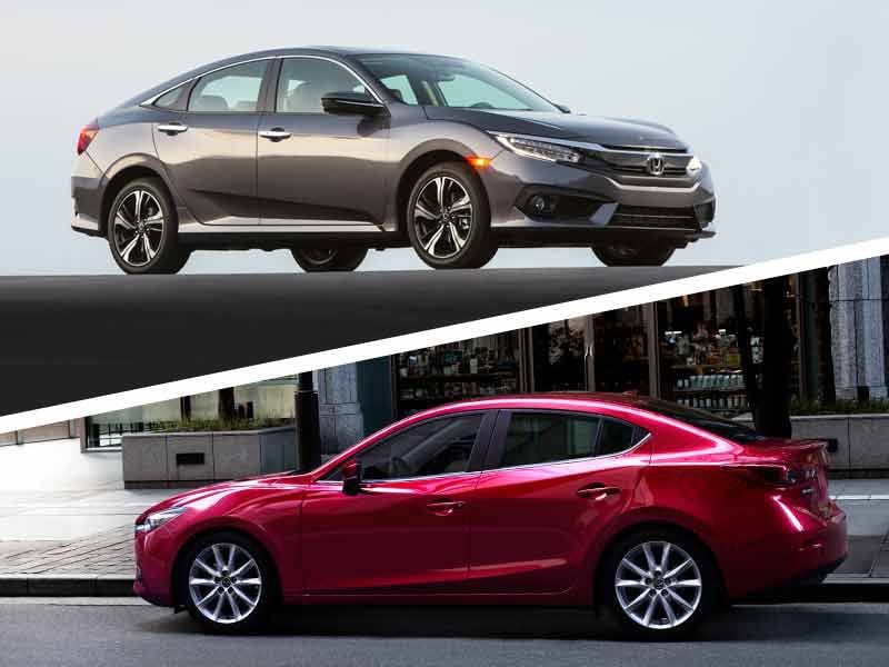 2017 Honda Civic sedan vs 2017 Mazda3 sedan exterior profile 