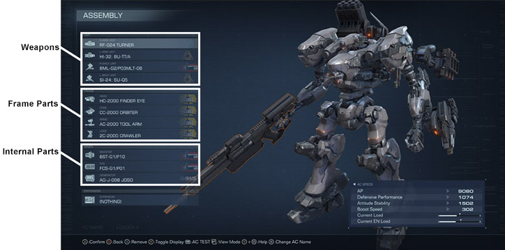 Mech customization screen in ARMORED CORE 6.