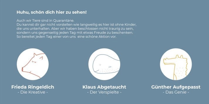 Die Quarantäne-Kids-Helden: Schwein Frida Ringeldich, Wal Klaus Abgetaucht und Krokodil Günther Aufgepasst