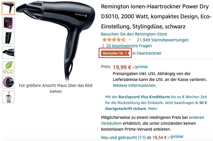 Das Bestseller Badge auf einer Produkt-Detailseite (Screenshot von Amazon.de)