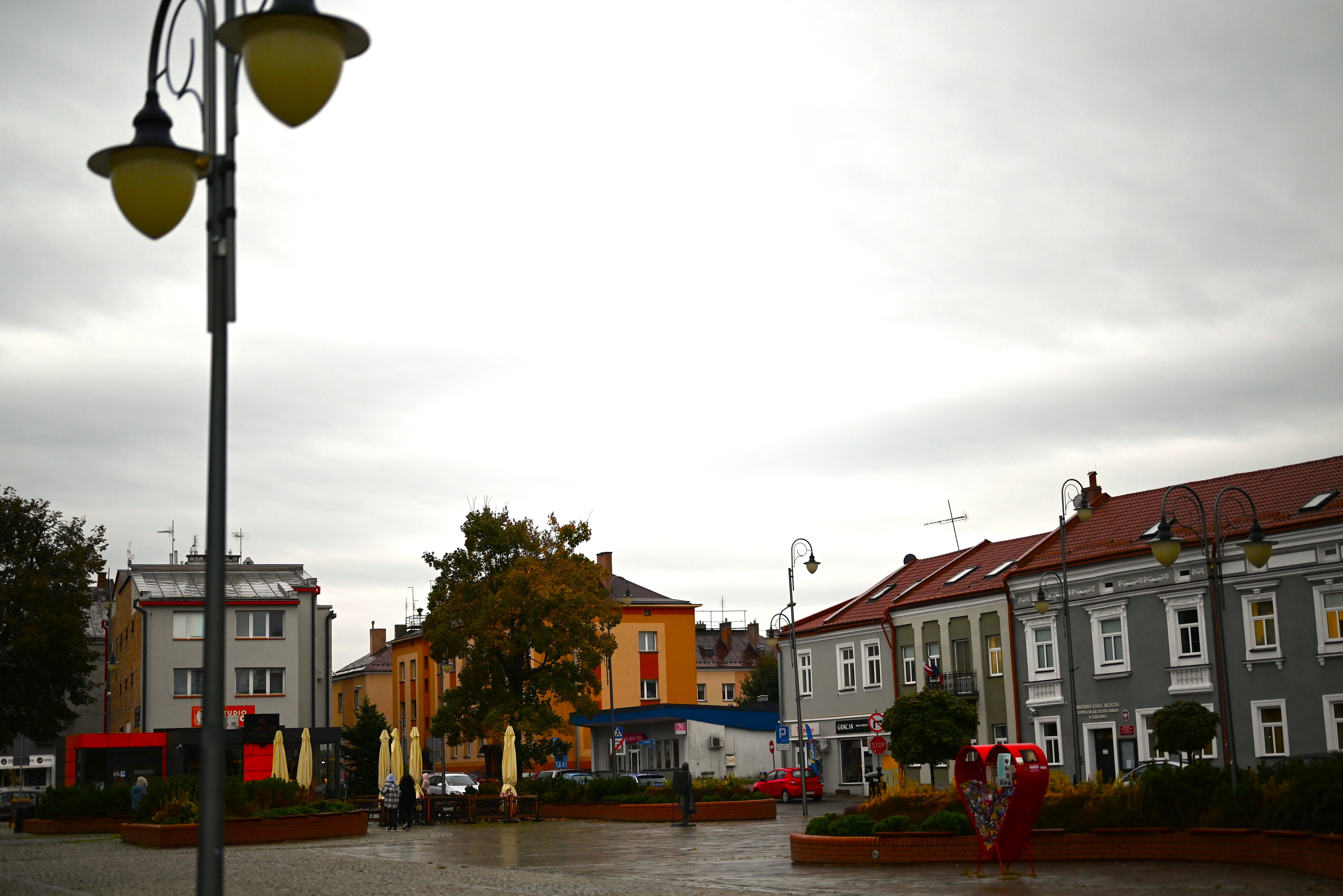 Fotografia jeszcze raz | Fragment płyty Rynku w Lubaczowie. Na pierwszym planie ozdobna latarnia, w tle ogrodzone ceglanum murkiem klomby z krzewami, drzewa, za nimi zabudowania..JPG