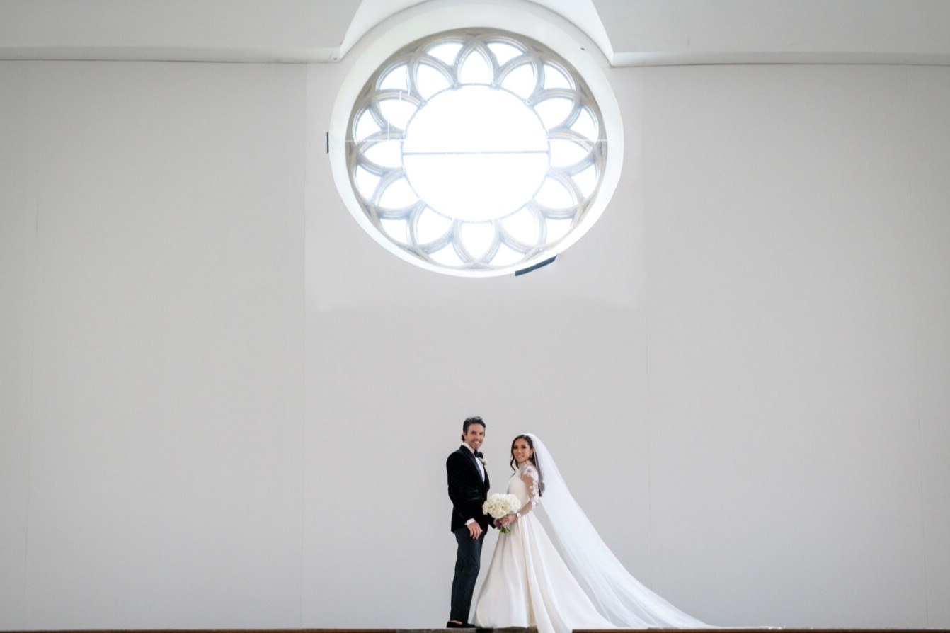 bride and groom on mezzanine 