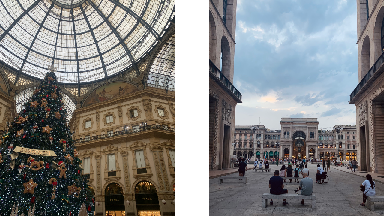 Sol: Galleria'nın içindeki yeniyıl ağacı. Sağ: Piazza Duomo
