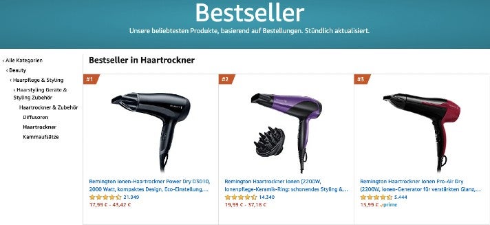 Die aktuell bestverkauften Haartrockner auf Amazon (Screenshot von Amazon.de)