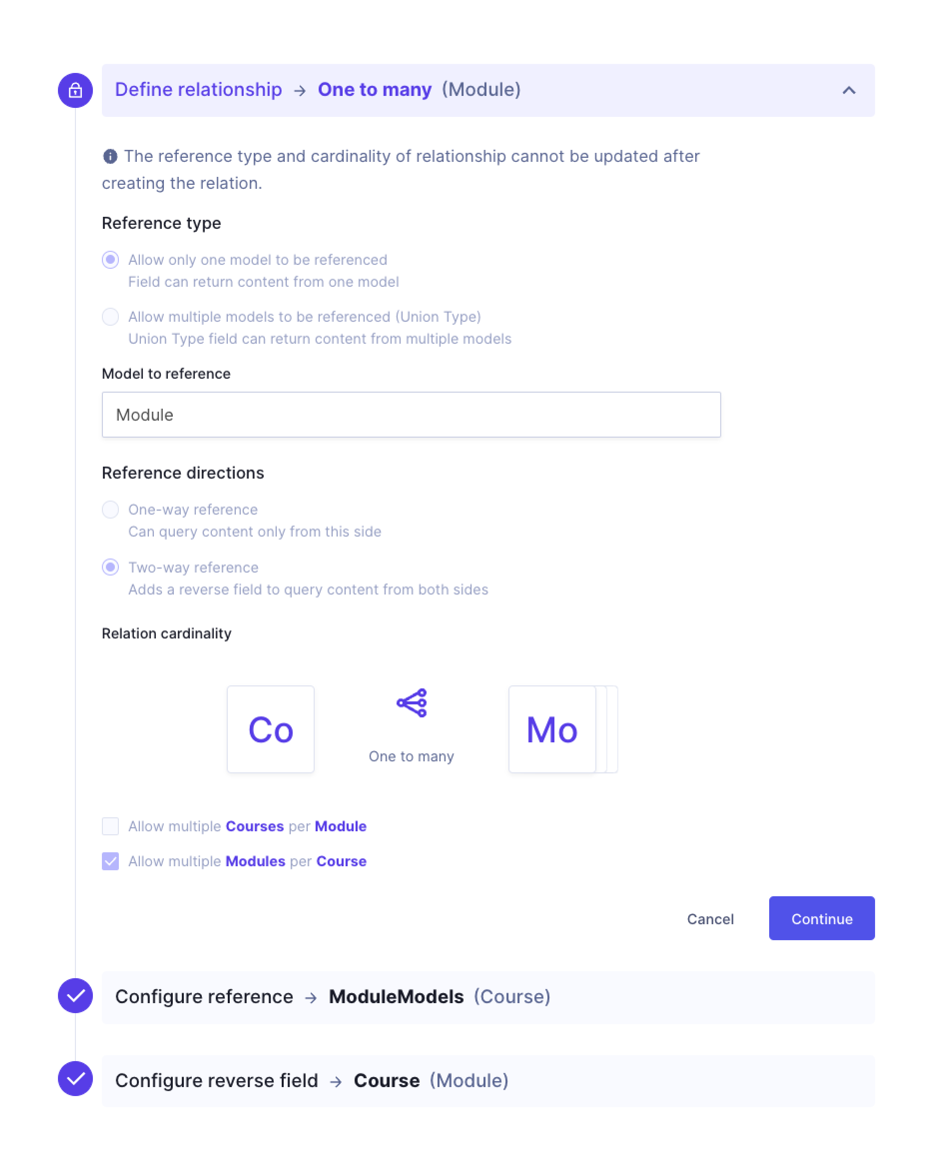 Relationship definition – Allow only one model to be referenced, model to reference "Module" and "Allow multiple modules per Course all selected