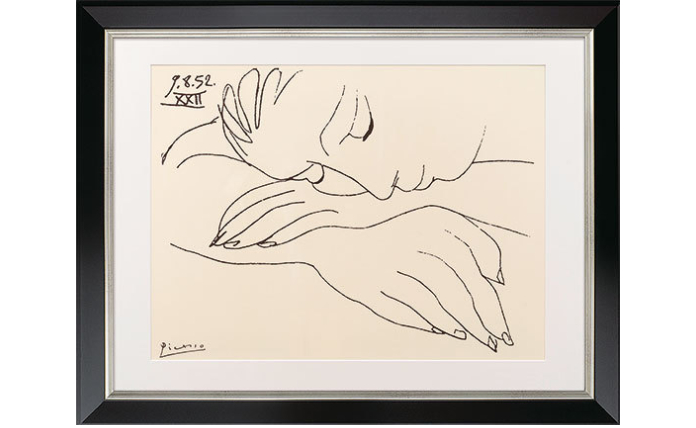 Pablo Picasso: Tekening'Oorlog en vrede - Slapende vrouw'(1952), zwart-zilver ingelijst