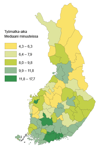 Kuvat 1a ja 1b. Työmatka-ajan (autolla) mediaani ja suhteellinen kvartiilipoikkeama  (quartile coefficient of dispersion) seutukunnittain. Luokitus on ns. luonnollisten luokkavälien mukainen (Jenks). Ahvenanmaan saariston seutukunta on tässä outlier (ulkopuolinen havainto). Lähde: 