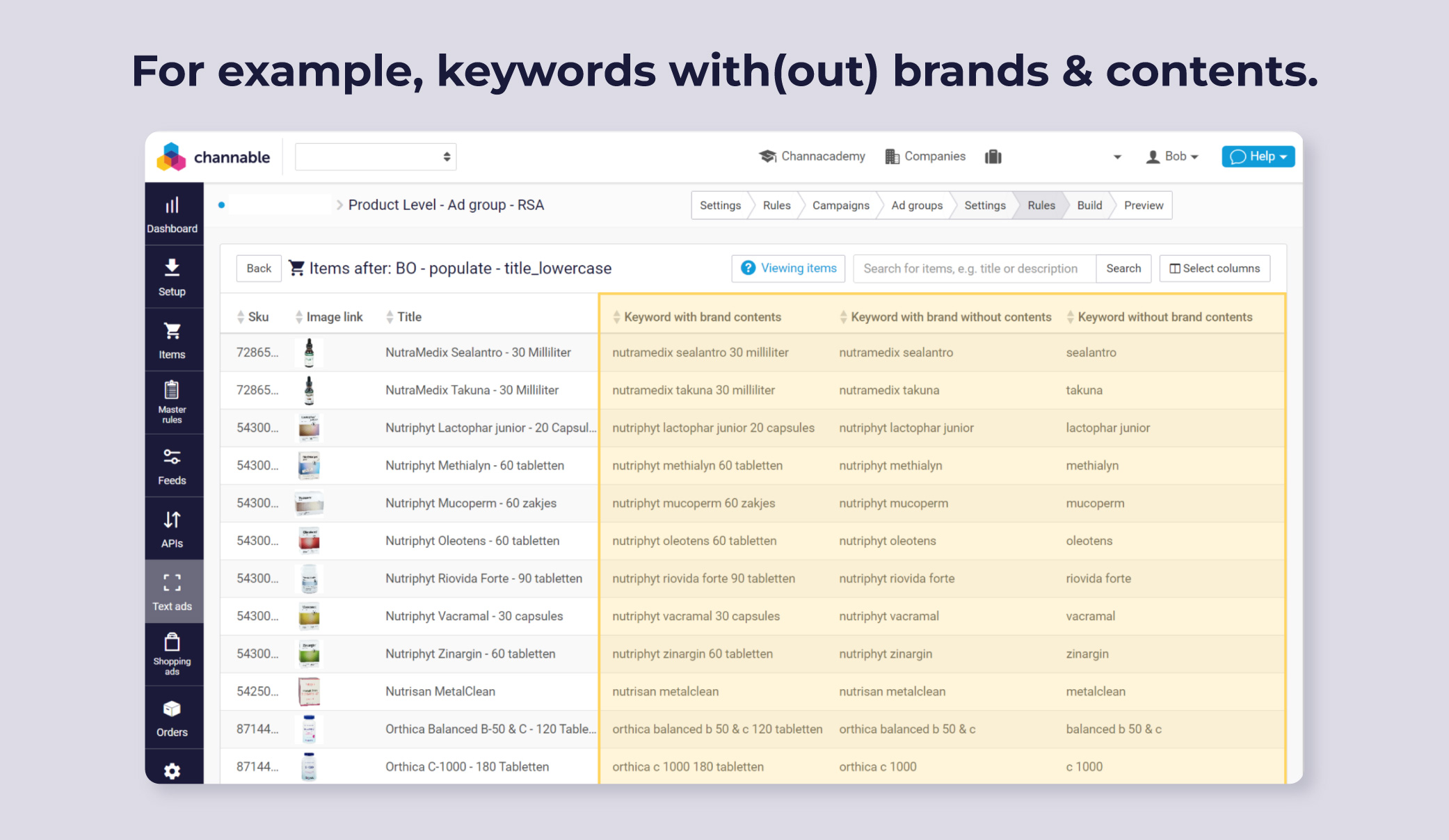 keywords without) brands & contents