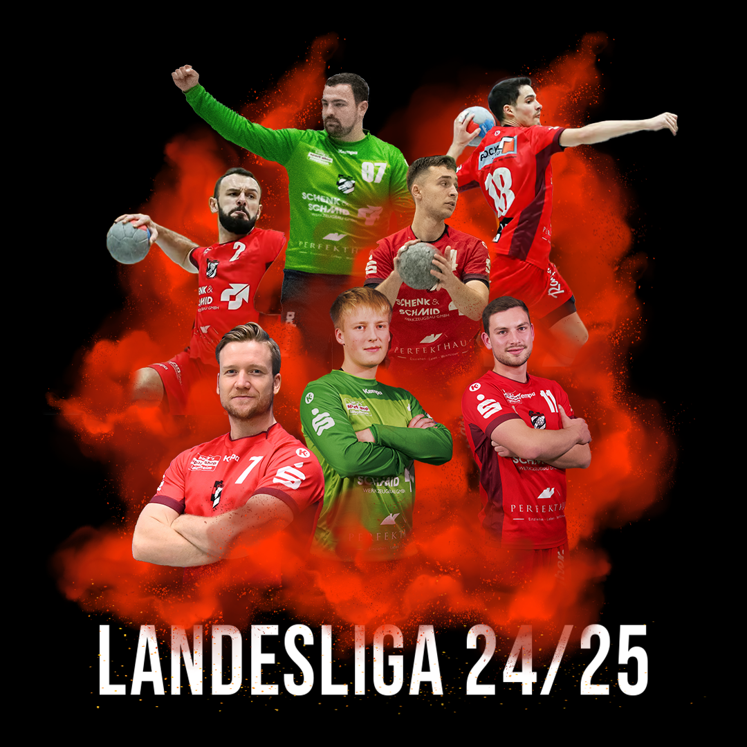 Collage mehrerer Handballspieler des HRW in roten und grünen Trikots, die in verschiedenen Spielposen gezeigt werden, vor einem Hintergrund mit roten Rauchwolken. Unten steht der Text Landesliga 24/25