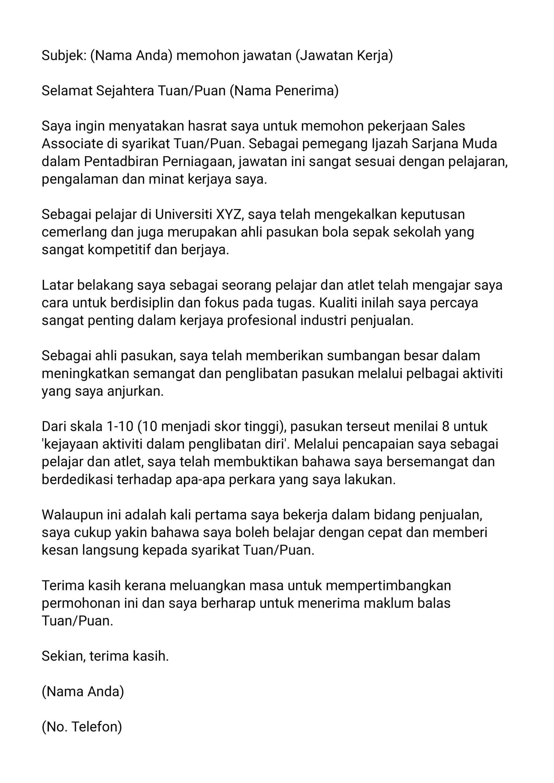 contoh cover letter melayu