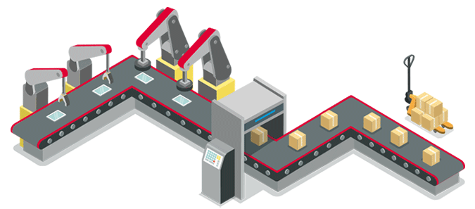 Manufacturing equipment assembling products on a conveyer belt