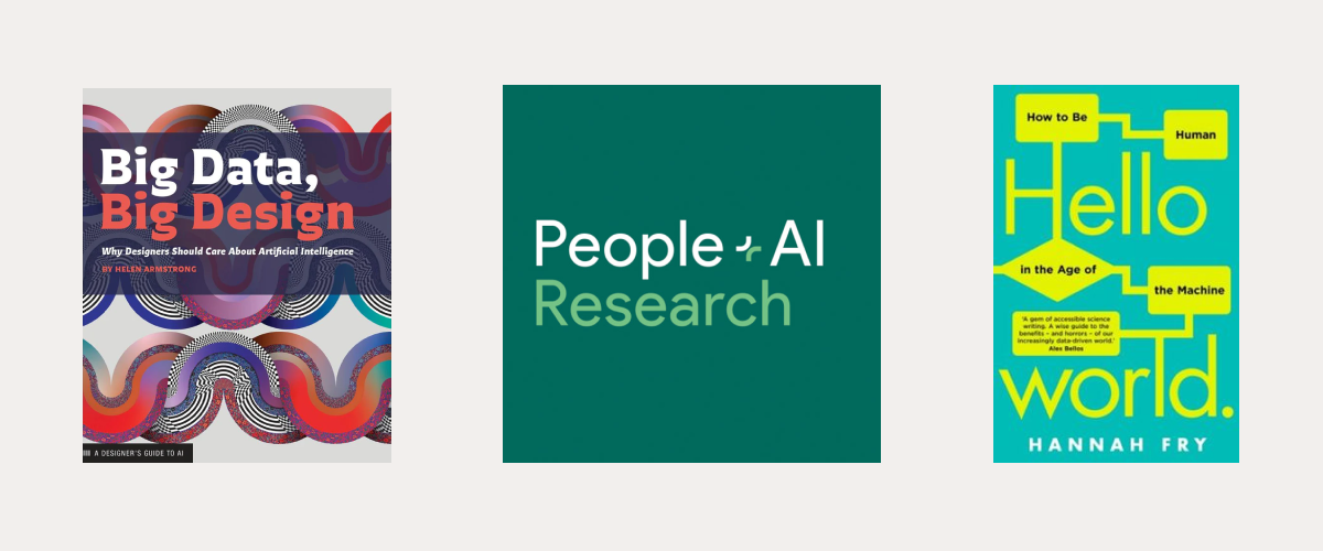 Covers of twio books recomended in article and logo of People+AI Reaserch