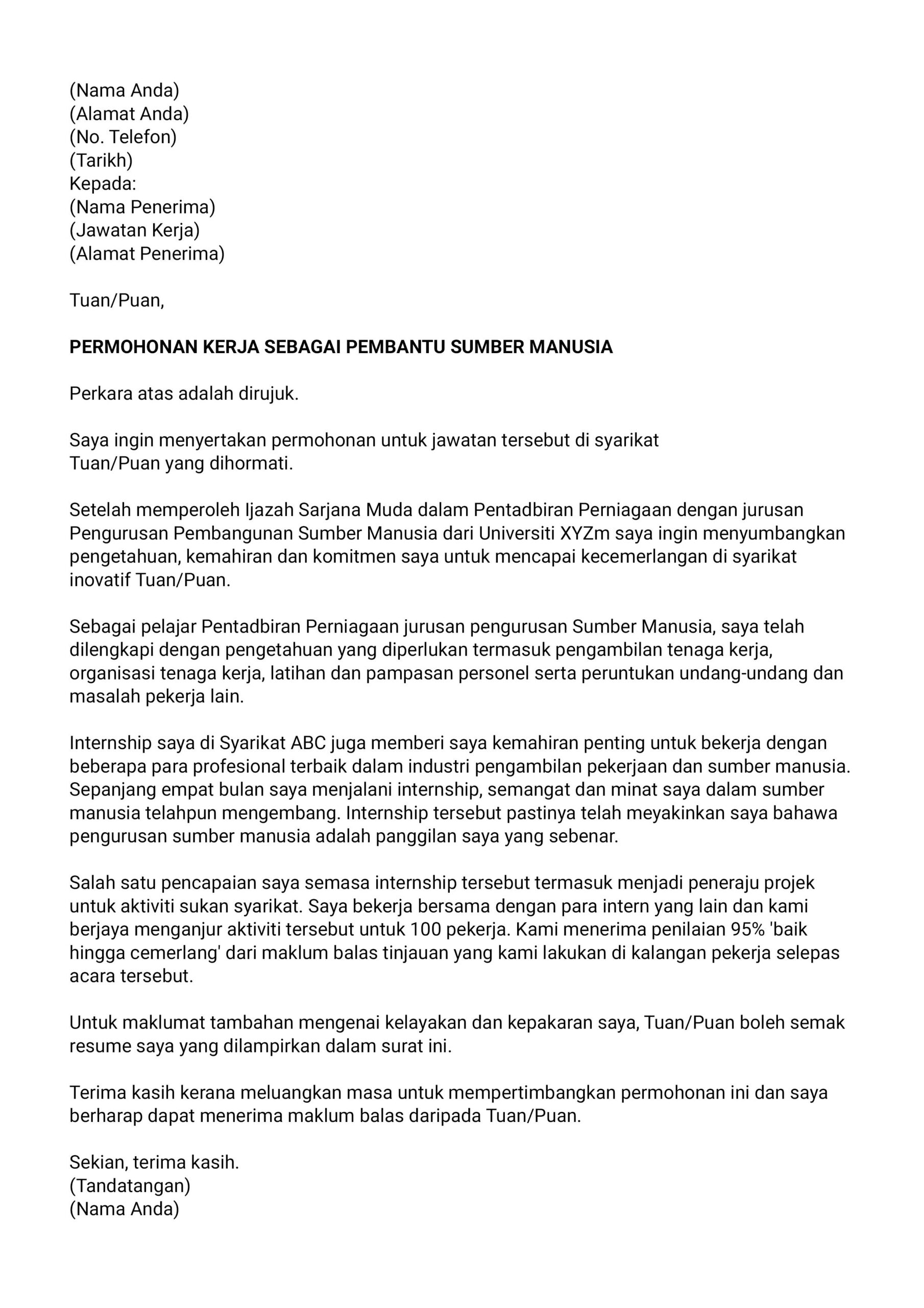 contoh cover letter dalam bahasa melayu