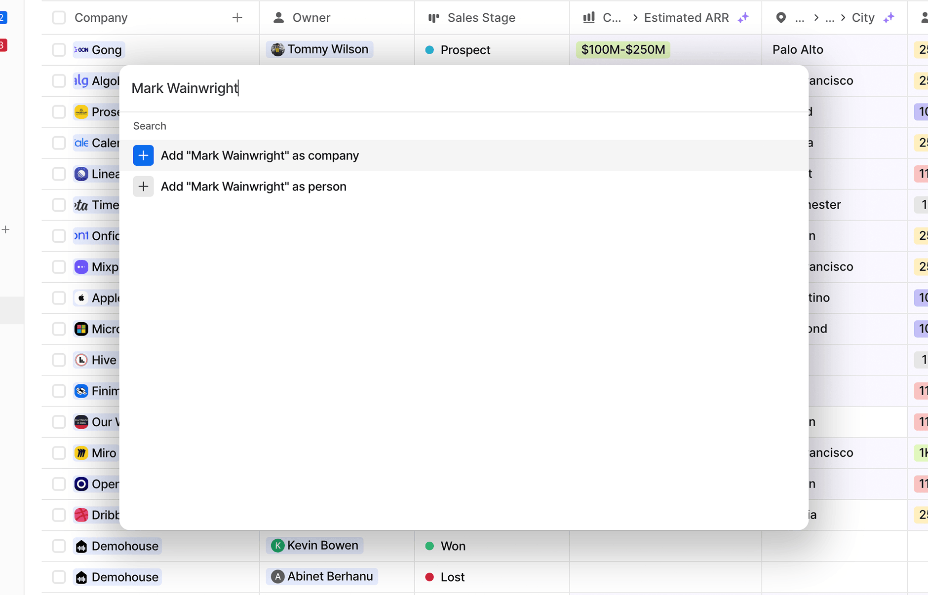 A new record is being created in Attio using the cmd + k keyboard shortcut