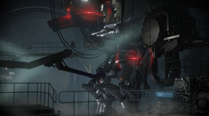 Screenshot of mech inside an assembly garage bay in ARMORED CORE 6