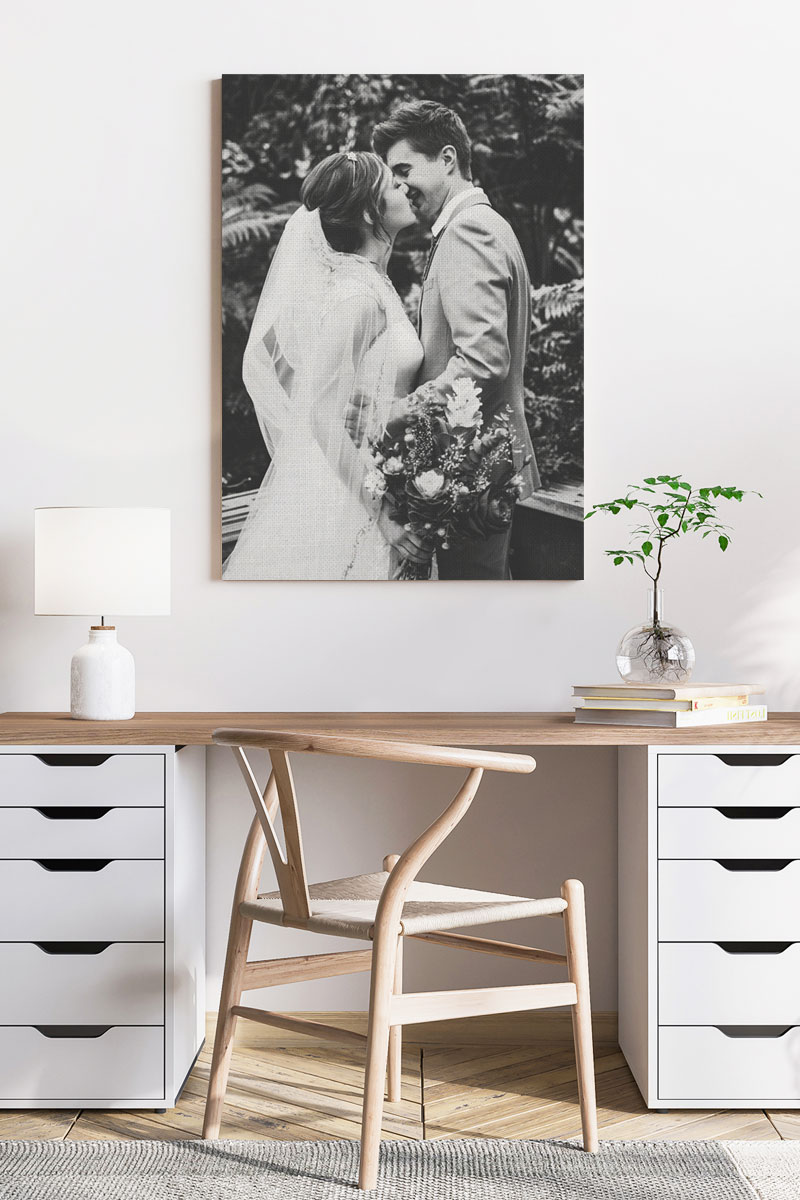 Black and white canvas print of bride and groom