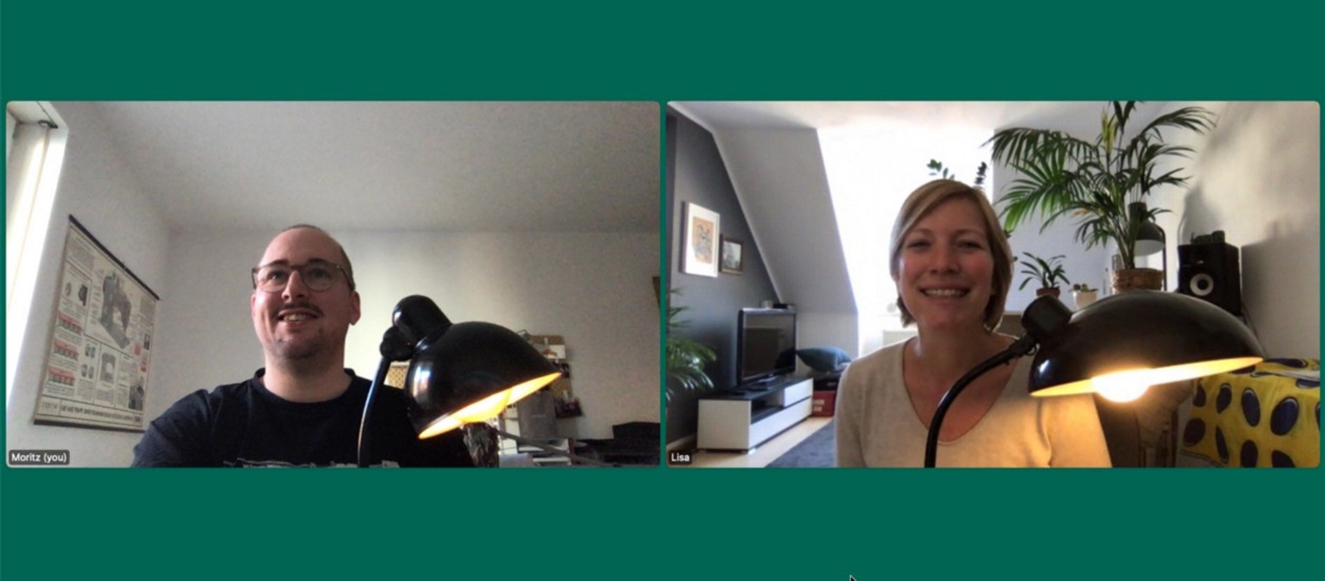 screenshot of a video call with two persons both showing a similar desk lamp to each other