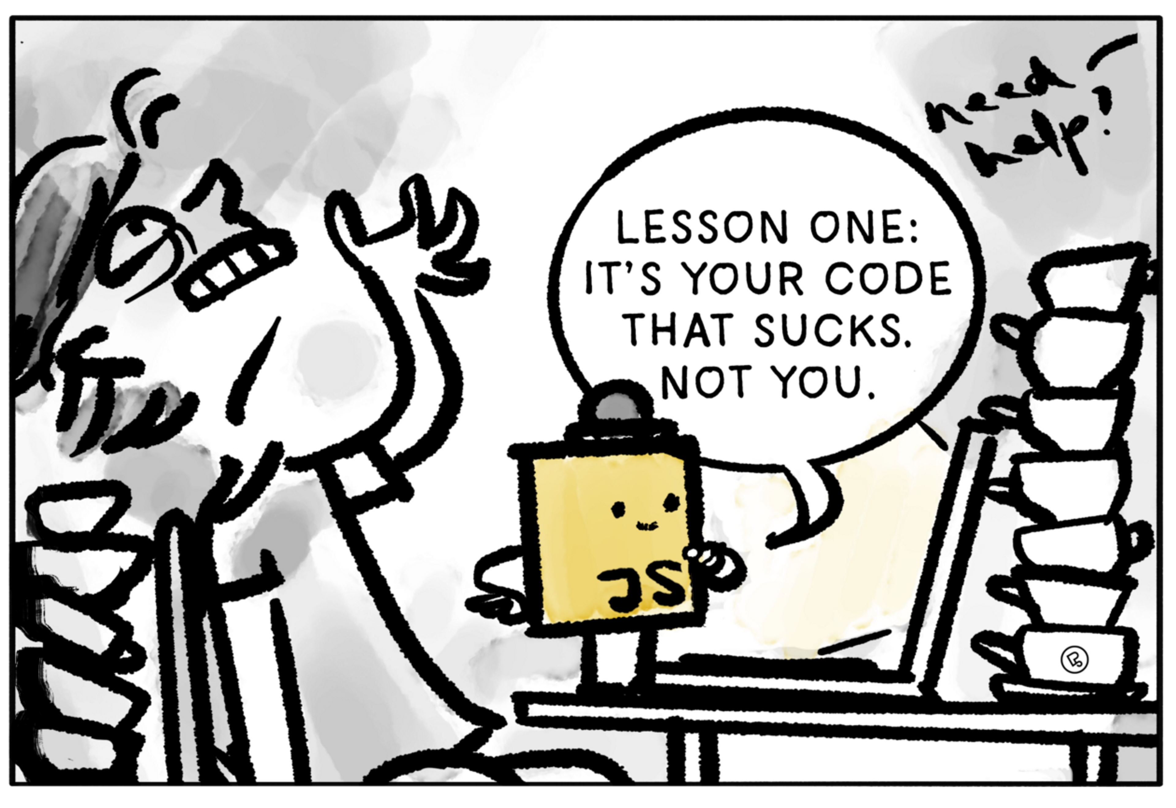 cartoon showing a desperate person in front of a laptop, the javascript logo examines the laptop with a magnifying glass talking to the person