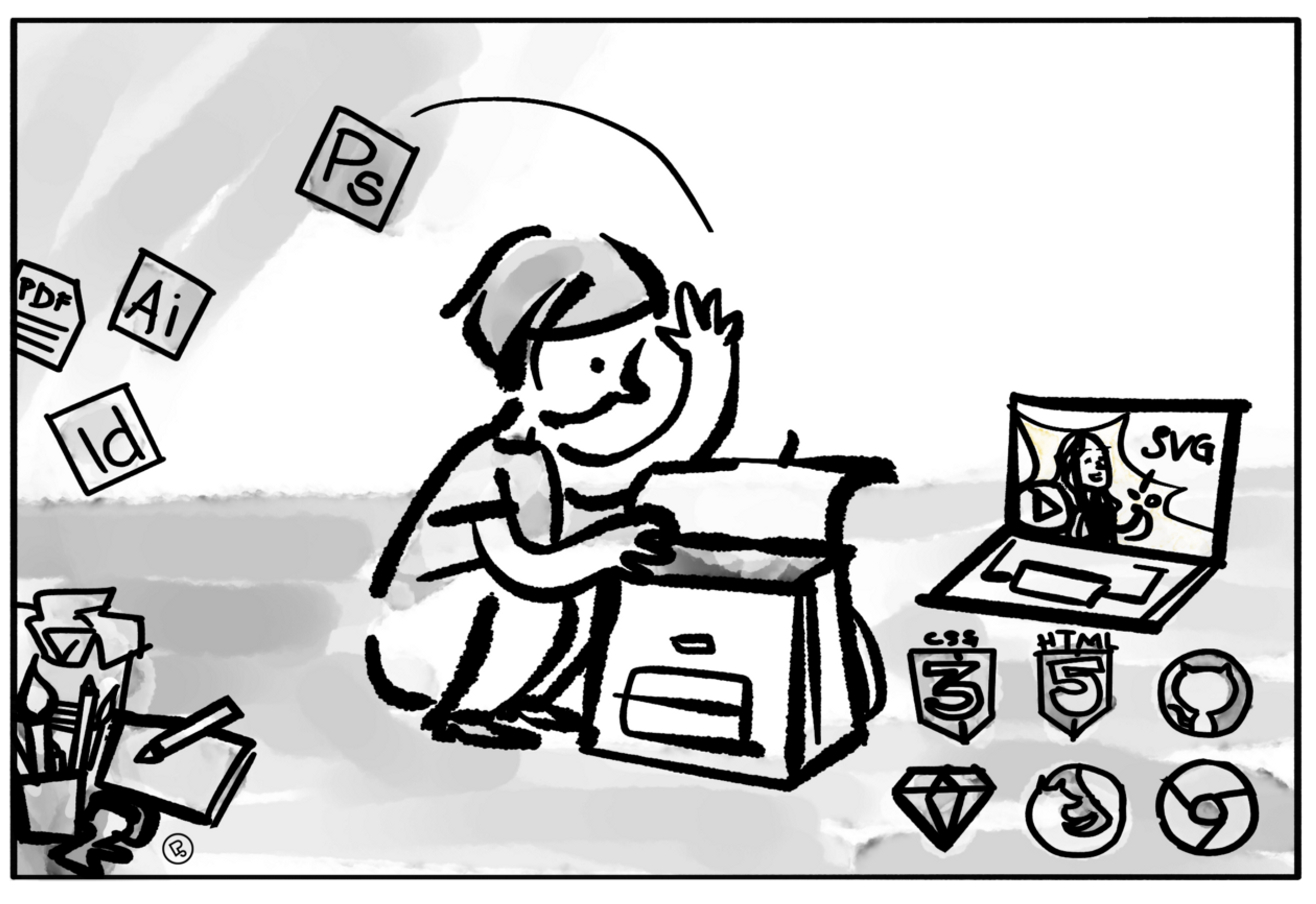 cartoon showing a person rummaging in a school bag, with a laptop in the background
