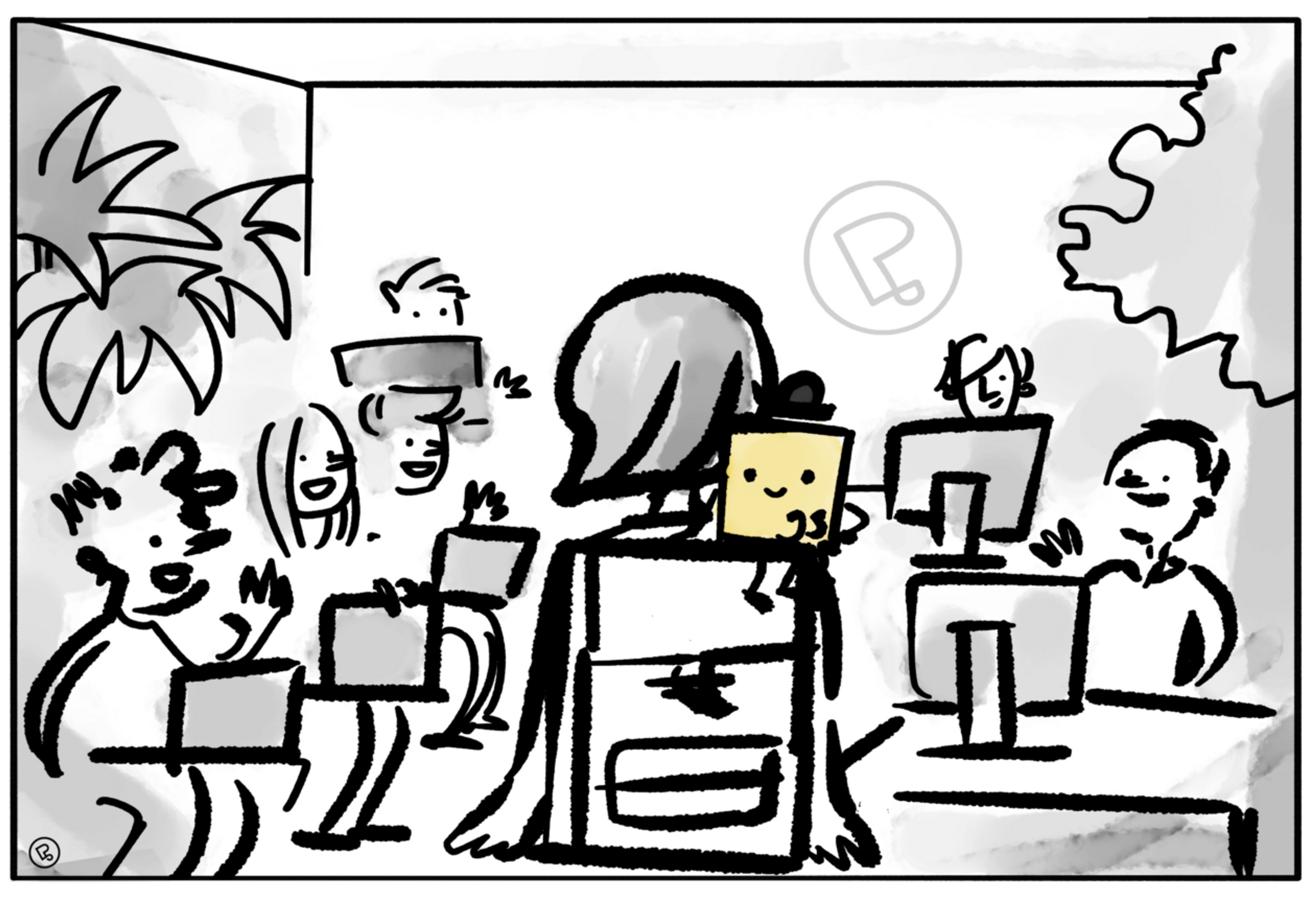 cartoon showing the person with the school bag and the javascript logo on the shoulder entering an office, with people in front of laptops waving