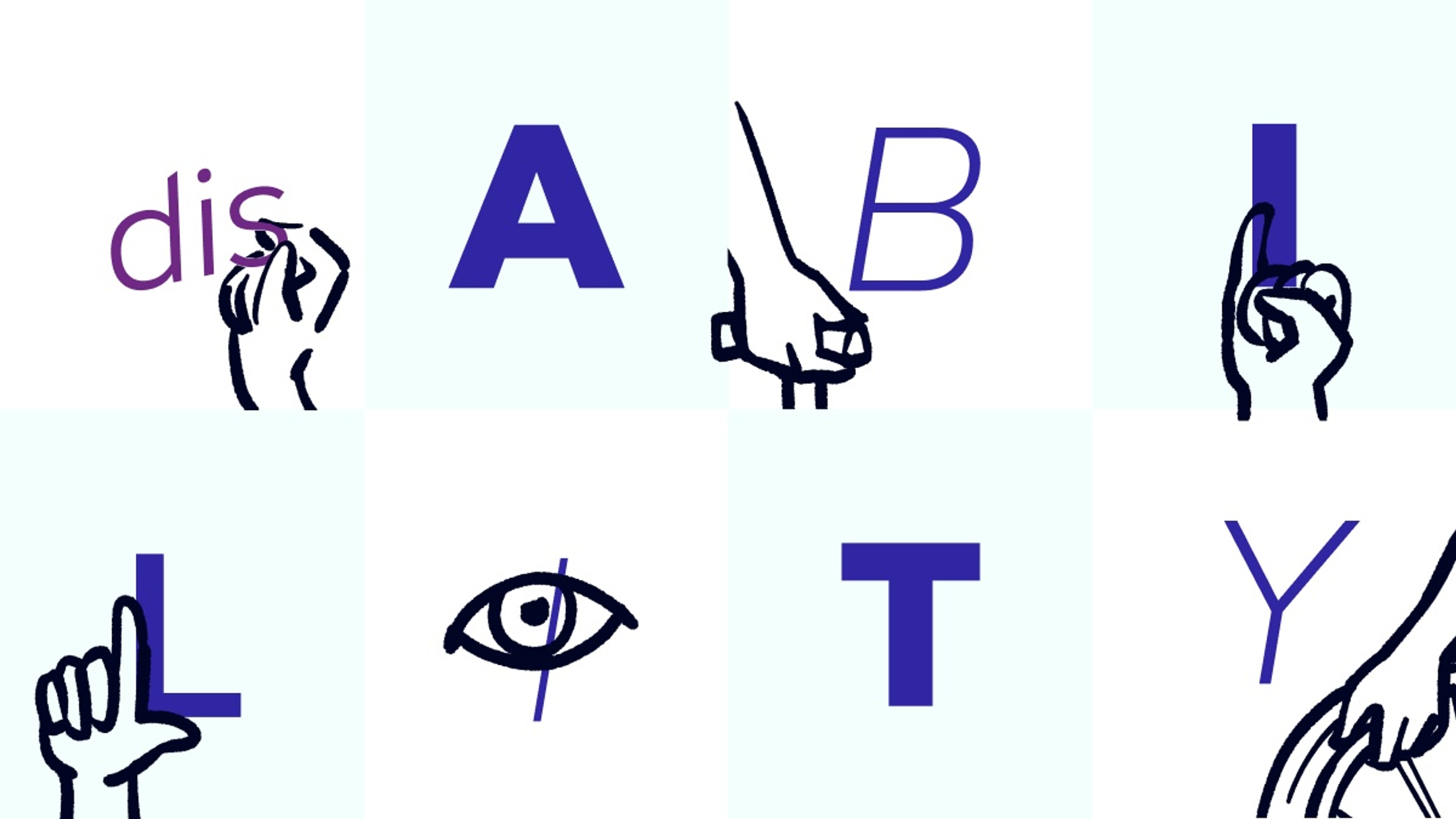 Das Wort "Behinderung" auf Kacheln verteilt, durch Handzeichen und Illustrationen visualisiert, die die Buchstaben umgeben.