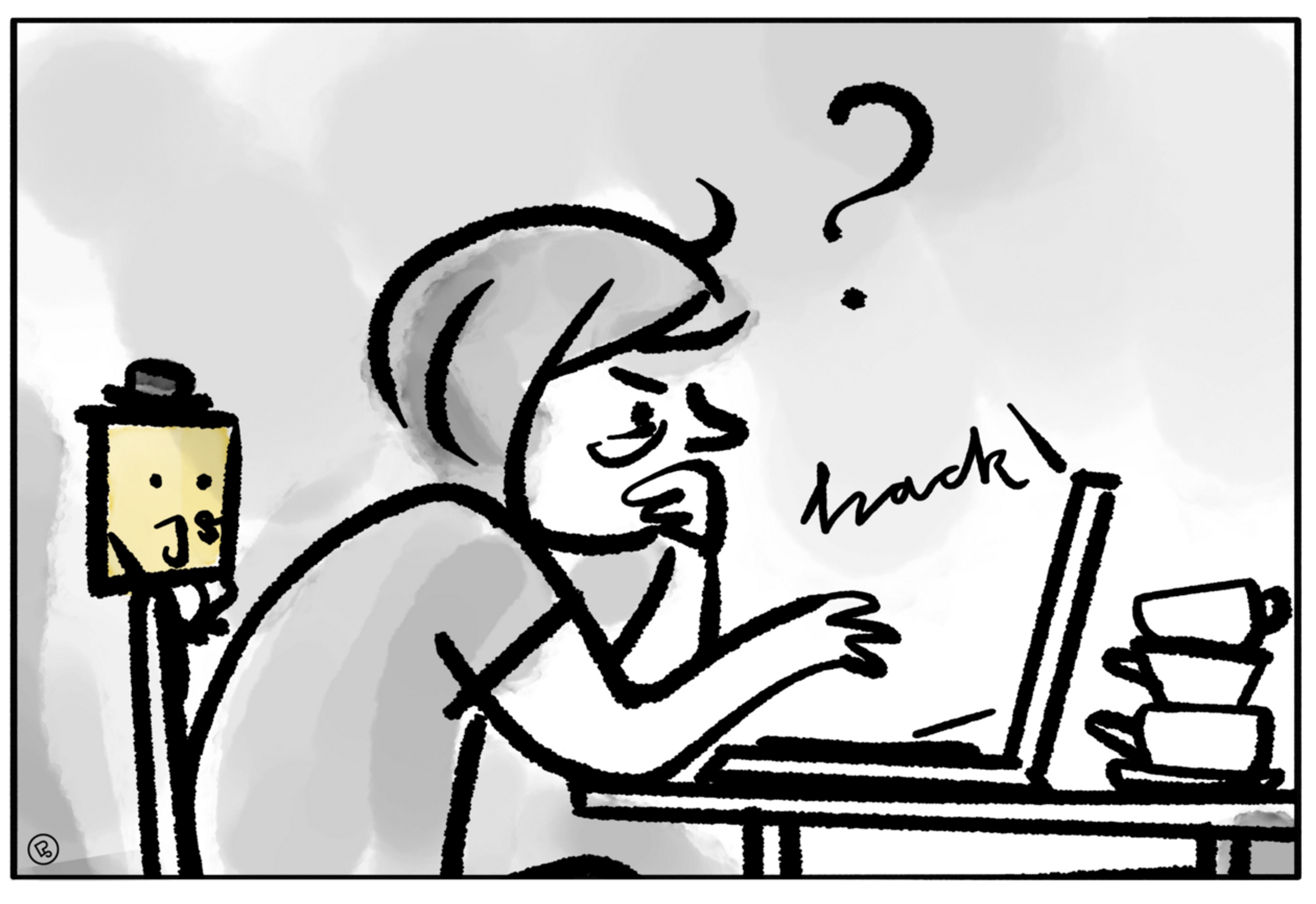cartoon showing a confused person with question mark above the head in front of a laptop
