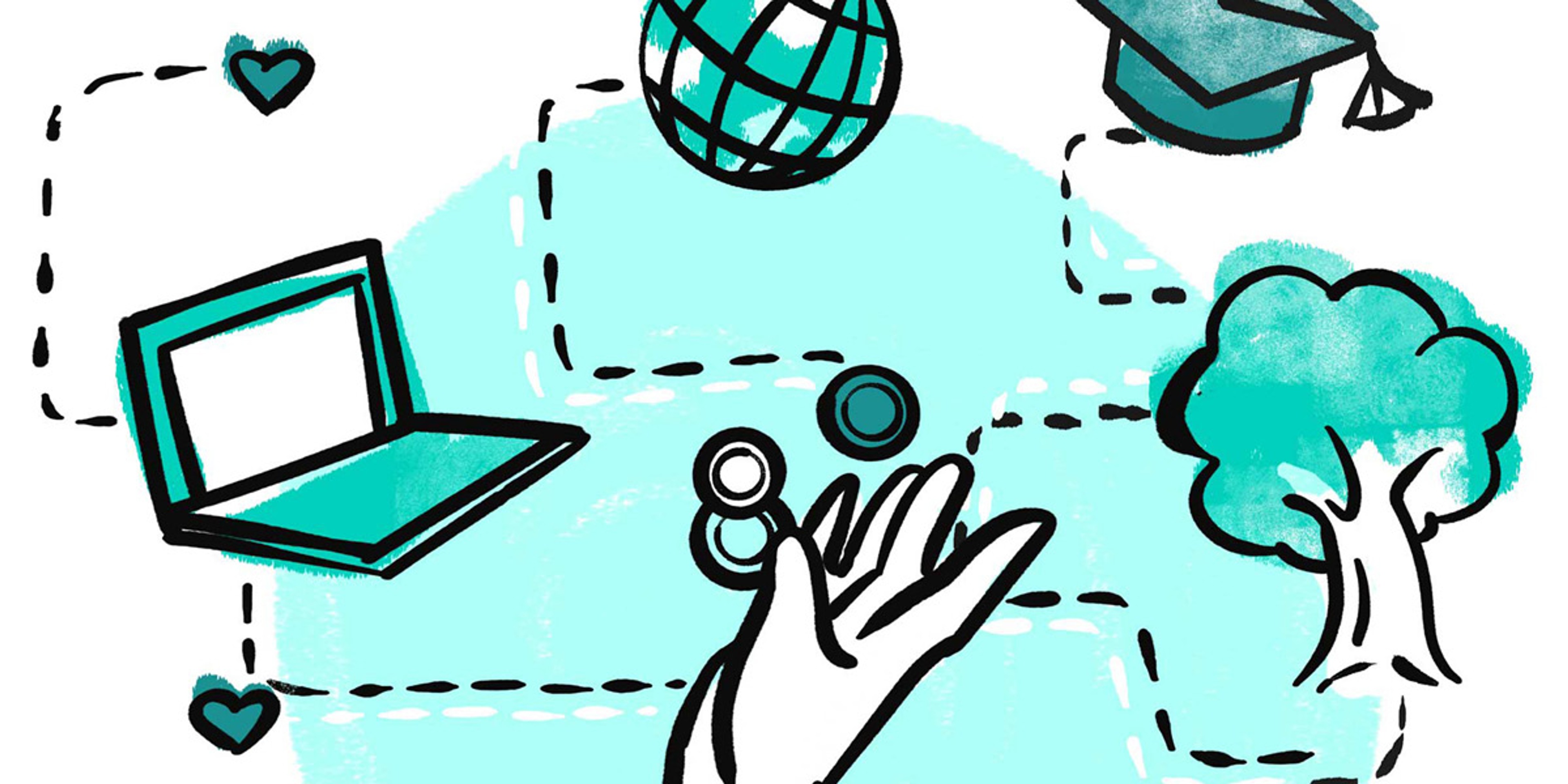 illustration showing a hand that gives money to different projects like education, computer science and sustainability