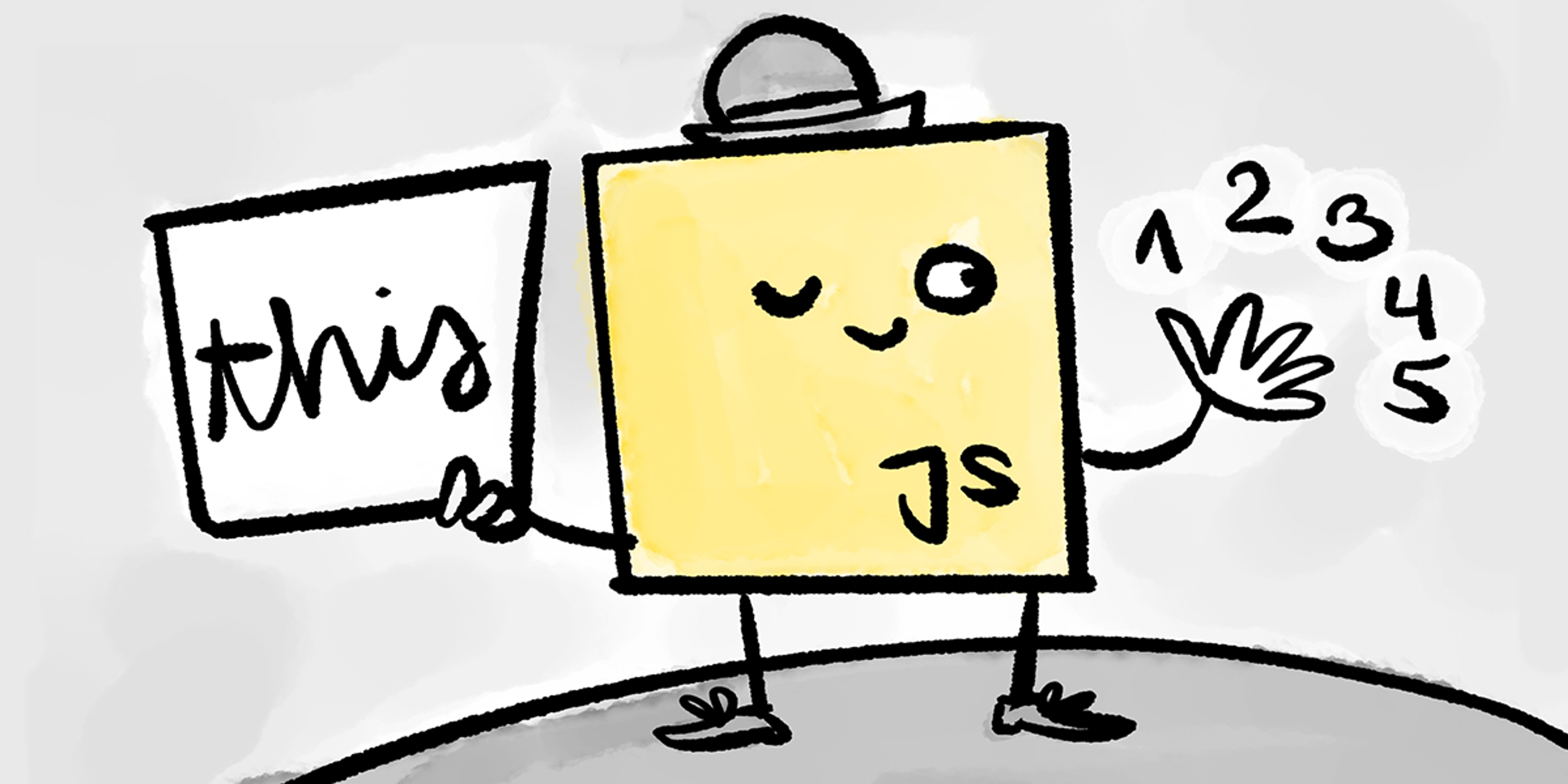 Cartoon of a JavaScript mascot with a hat showing the keyword this and five different use cases