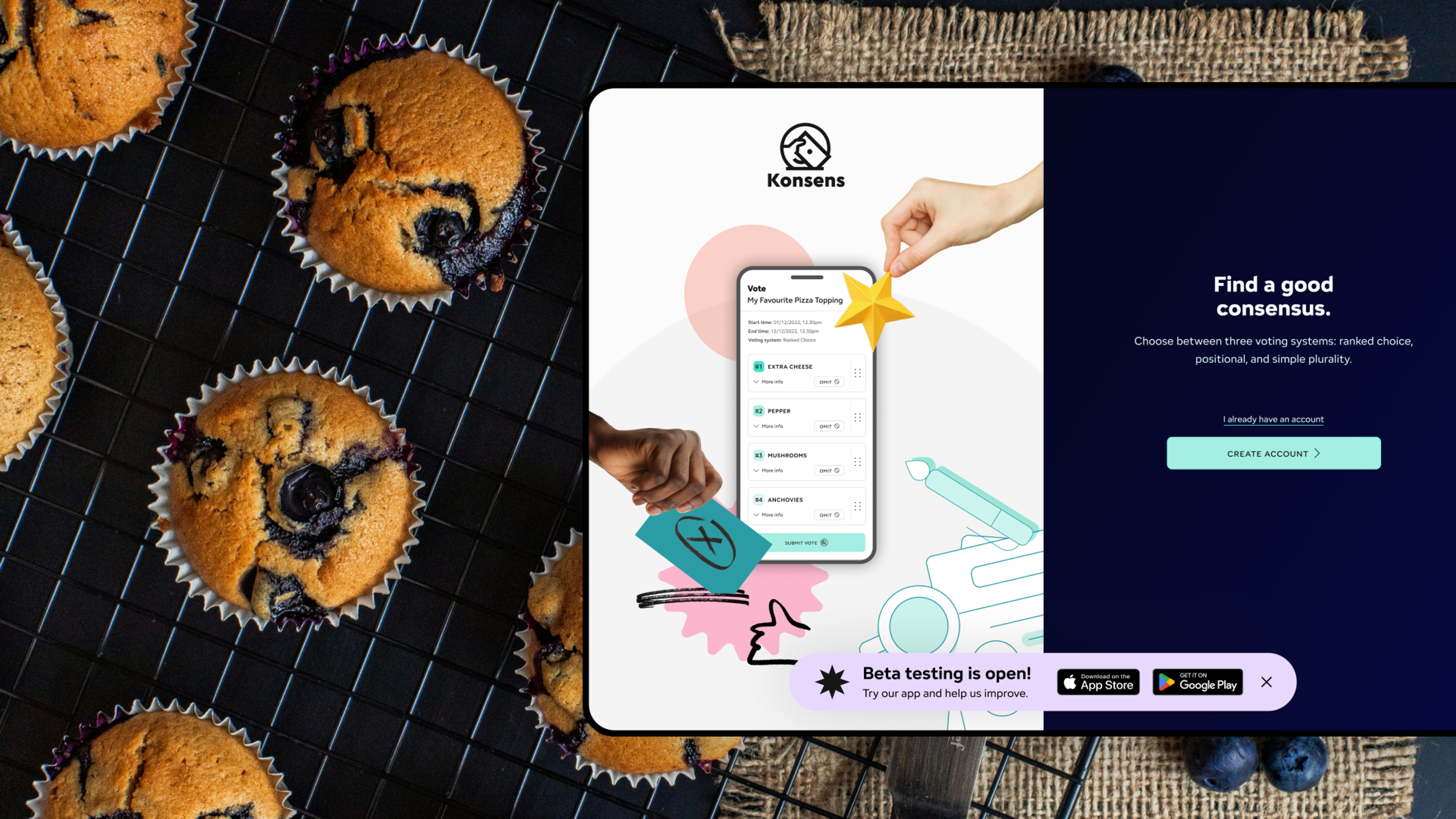 Dark, moody background of blueberry muffins on a cooling rack with a tablet displaying the Konsens app design layered over the image.