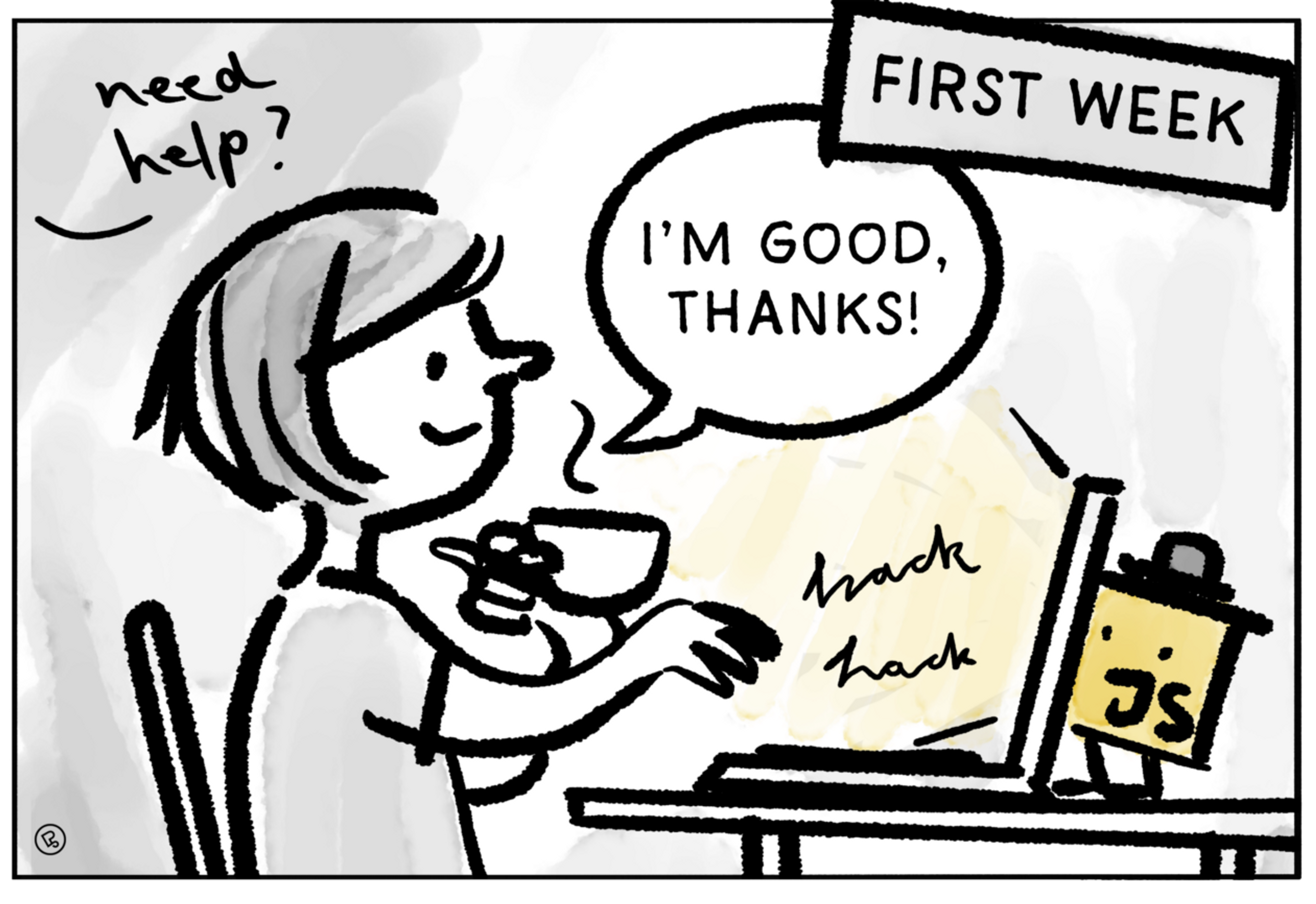 cartoon showing a satisfied person with a coffee cup in front of a laptop