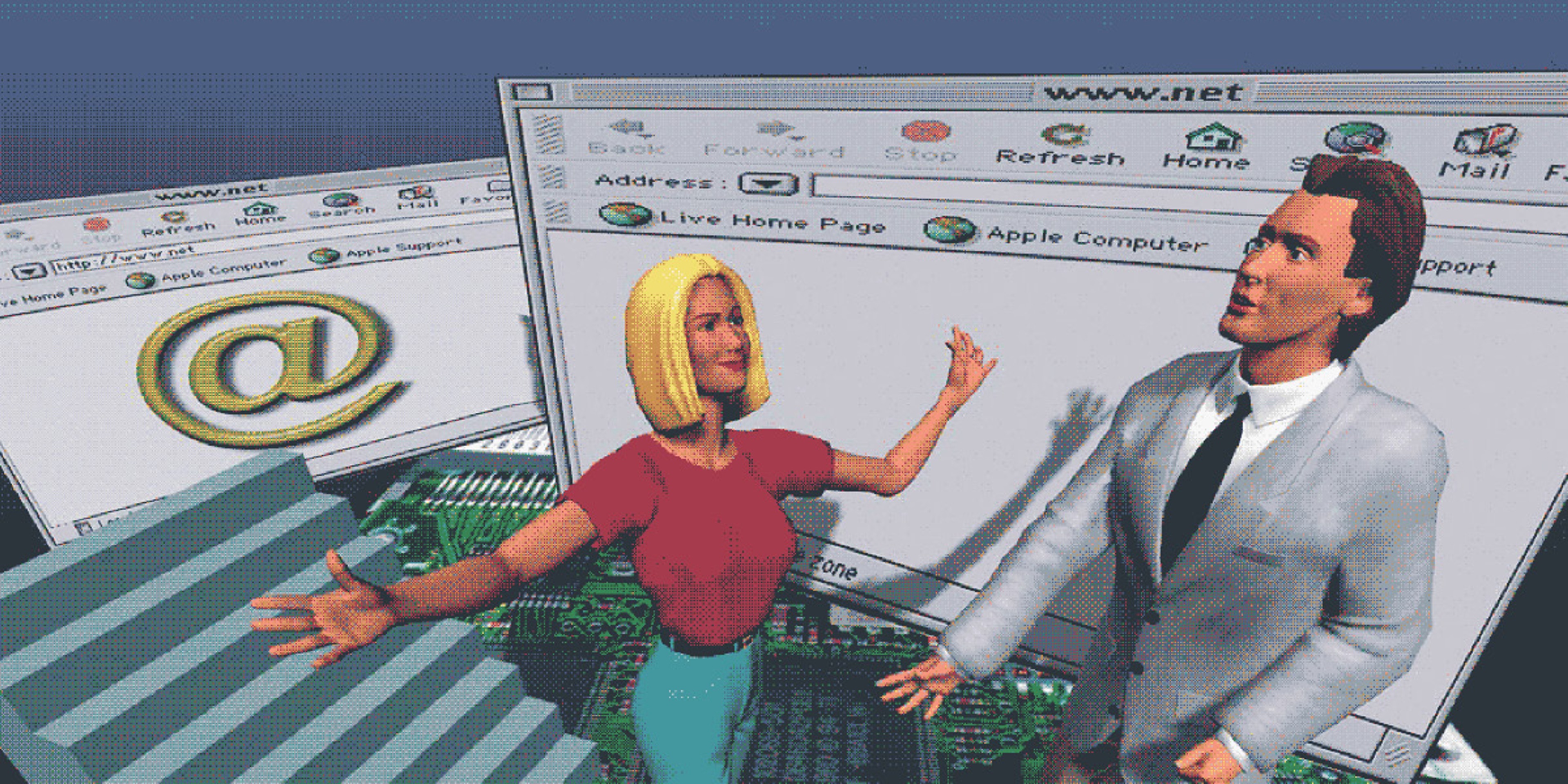 retro computer animation of two people in front of browser windows