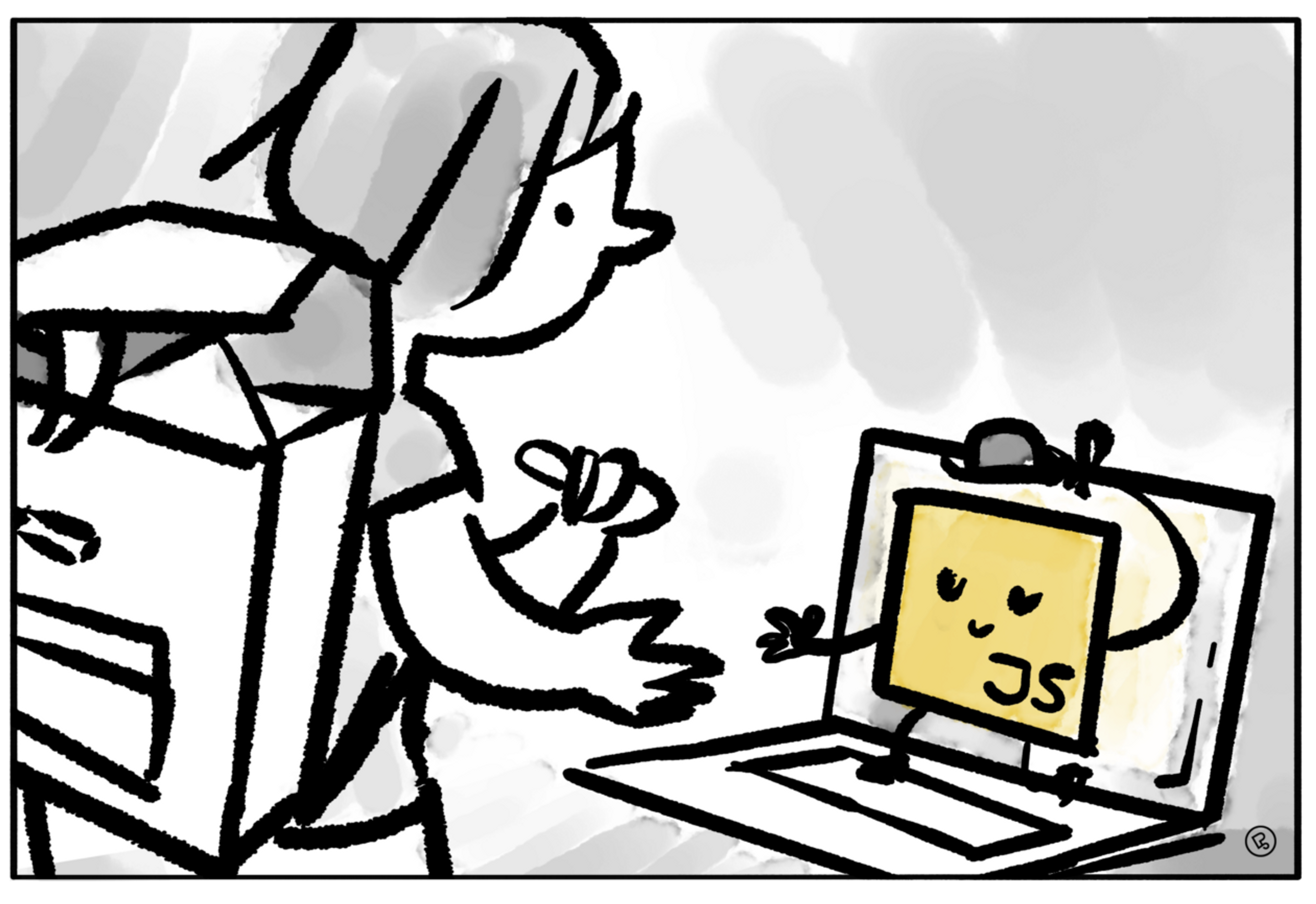 cartoon showing a person wearing a school bag in front of a laptop and the javascript logo as a character saying hello
