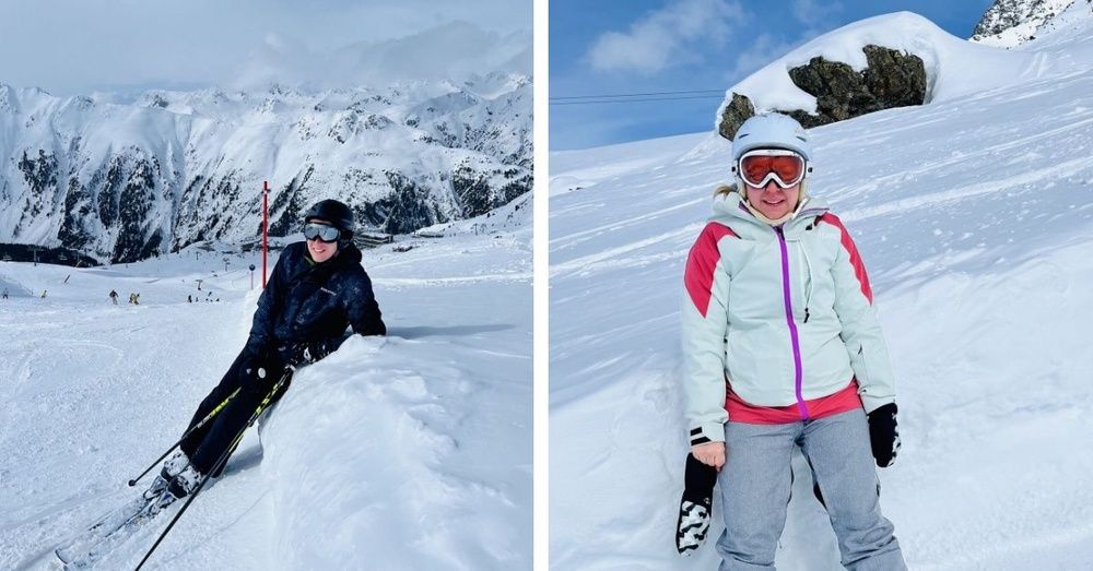 Zwei BUSSE-Mitarbeitende (links mit Ski, rechts mit Snowboard) sitzen in der Schneelandschaft und ruhen sich aus.