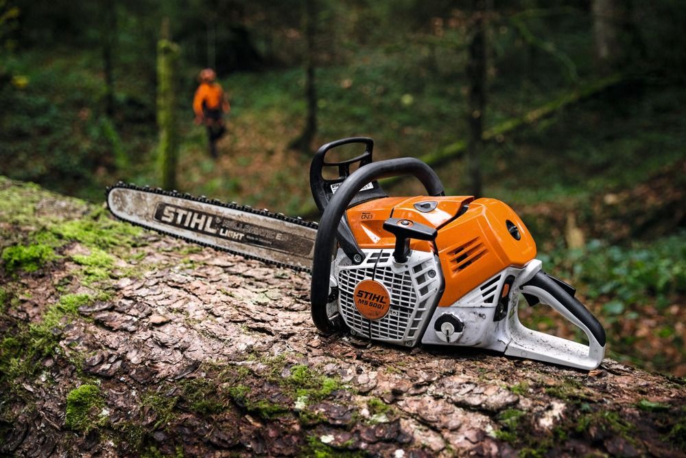 Stihl MS500i chainsaw on tree trunk in forest