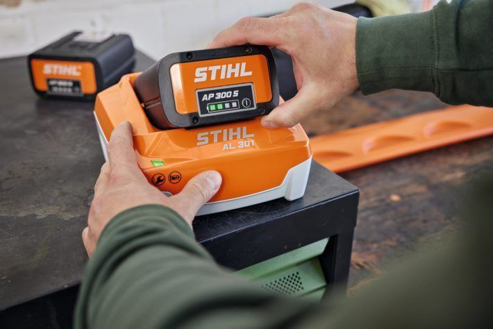 Stihl battery is removed from the charger
