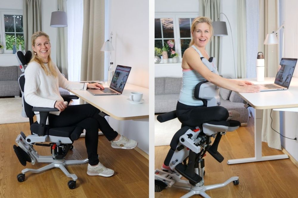 Comparison picture 1. woman usually sits at a desk, 2. woman stands ergonomically at a desk