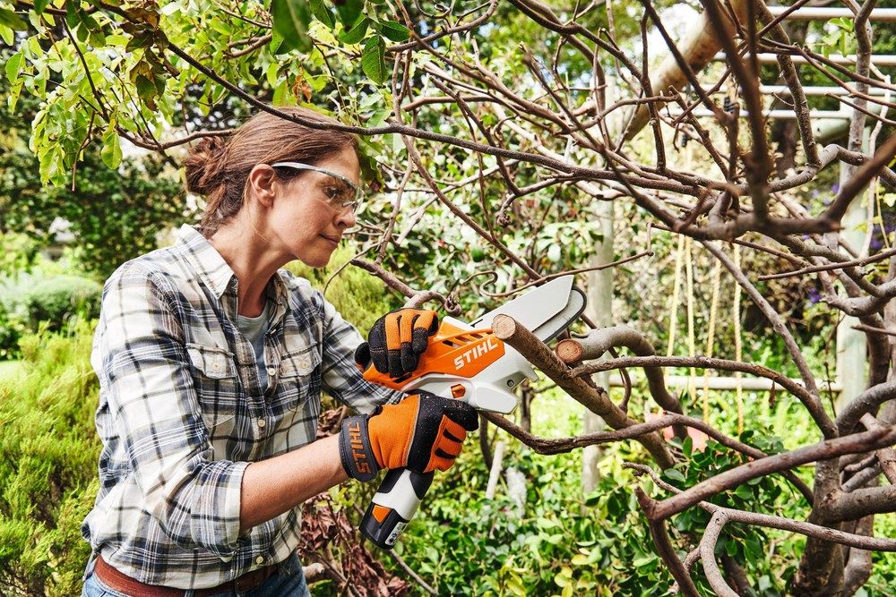 Woman cuts branches with Stihl GTA26 wood trimmer