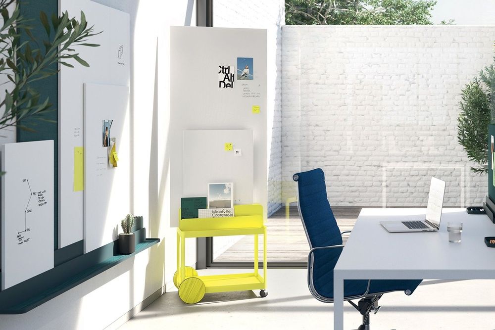 Office with yellow modular board system Mocon