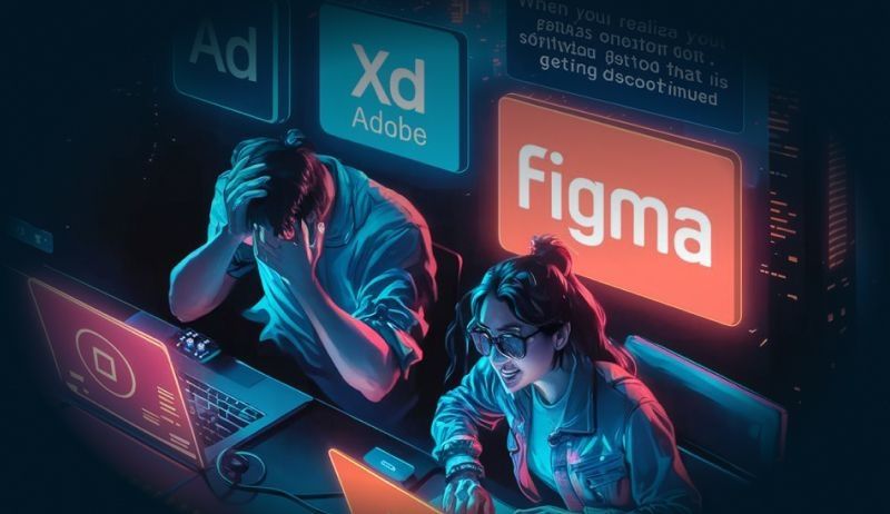 Personifiziertes Bild von XD und Figma in Form von Menschen (links: ein verzweifelter Mann vor einem Computer stellt XD dar; rechts: eine gut gelaunte Frau vor einem Computer stellt Figma dar)