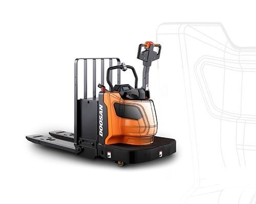 Electric pallet truck from Doosan Logistics Europe GmbH, front part orange, rear part black with company logo on the side.