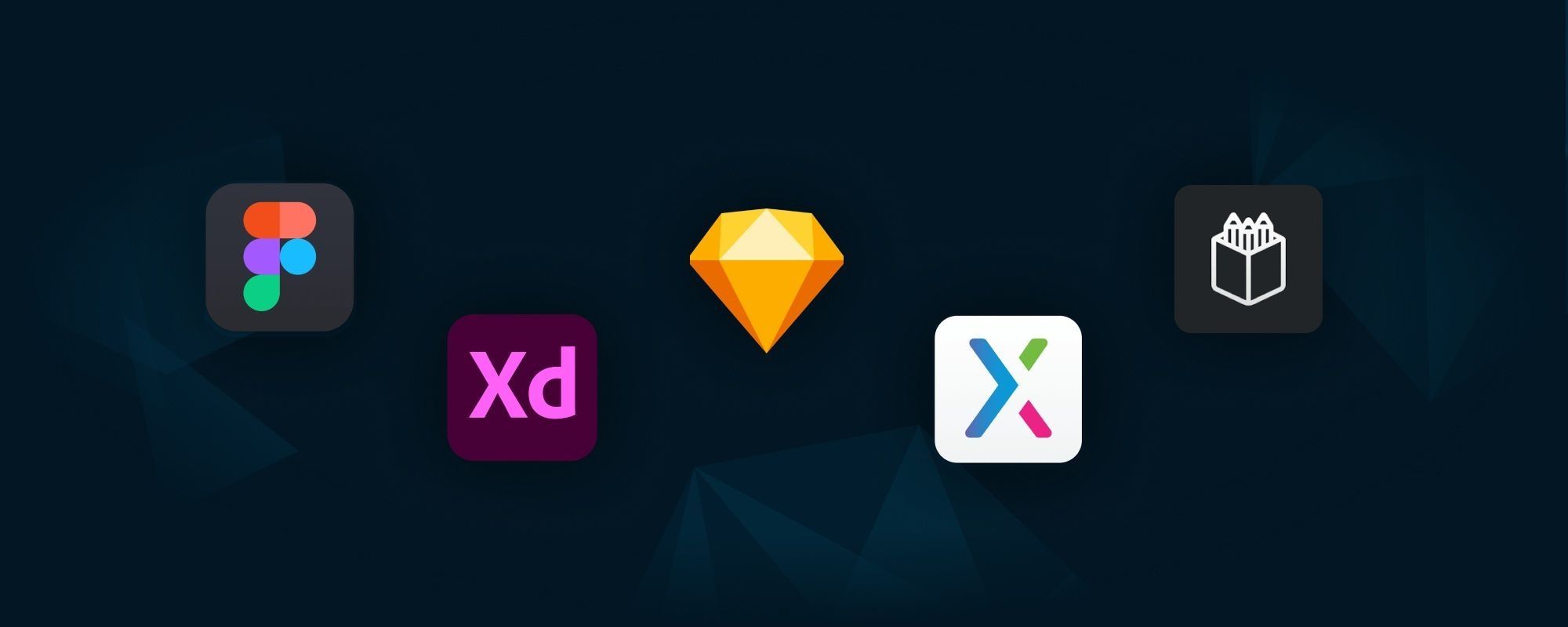 Collection of design tools logos as images on a dark background (from left: Figma, XD, Sketch, Axure, Penpot)