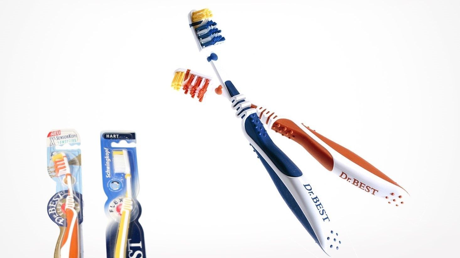 Dr. Best toothbrushes in blue and red with and without packaging